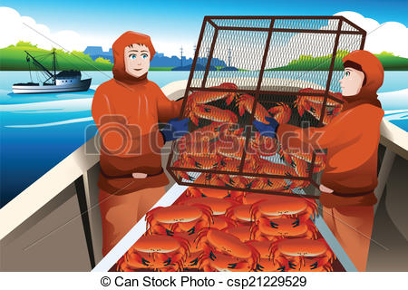 Vector Illustration of Crab fishermen catching crabs in the sea.