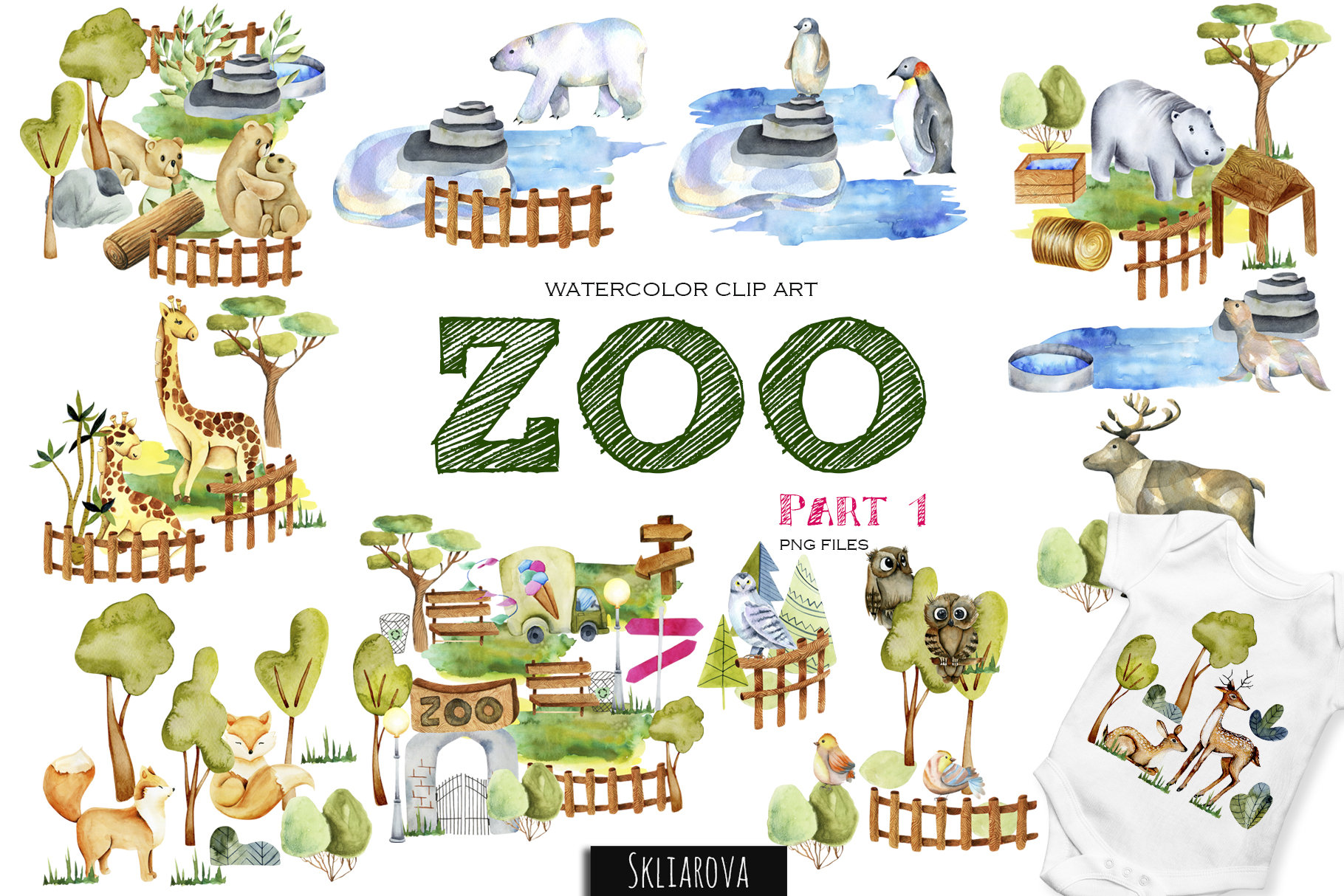 Animal clipart Zoo clipart Digital watercolor animal Animal illustration  Animal clipart Cute kids print for game Nursery Watercolor zoo park.