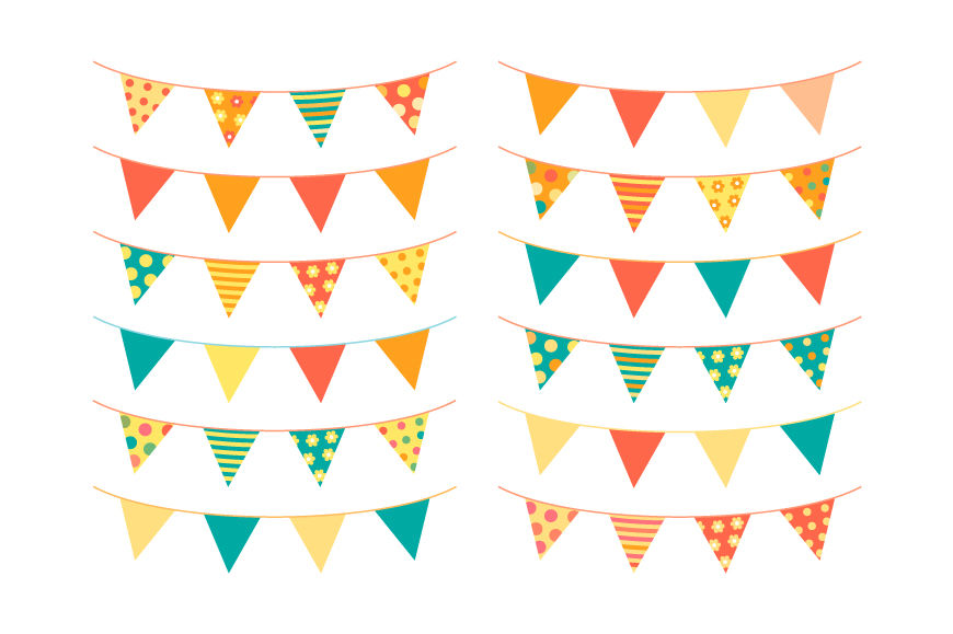 Cute summer bunting clipart, Birthday banner flags, Party pennant.