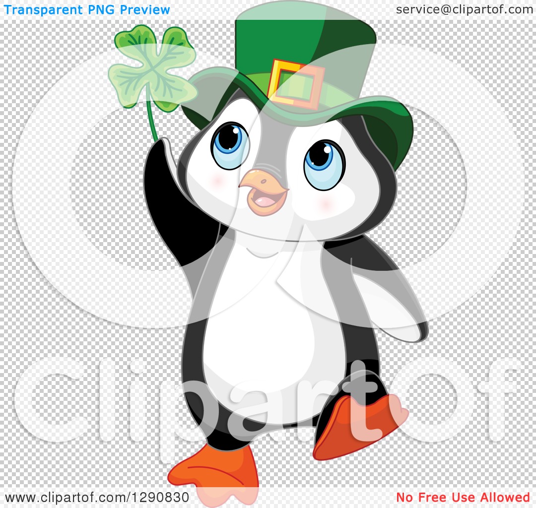 Clipart of a Cute St Patricks Day Leprechaun Penguin Holding a.