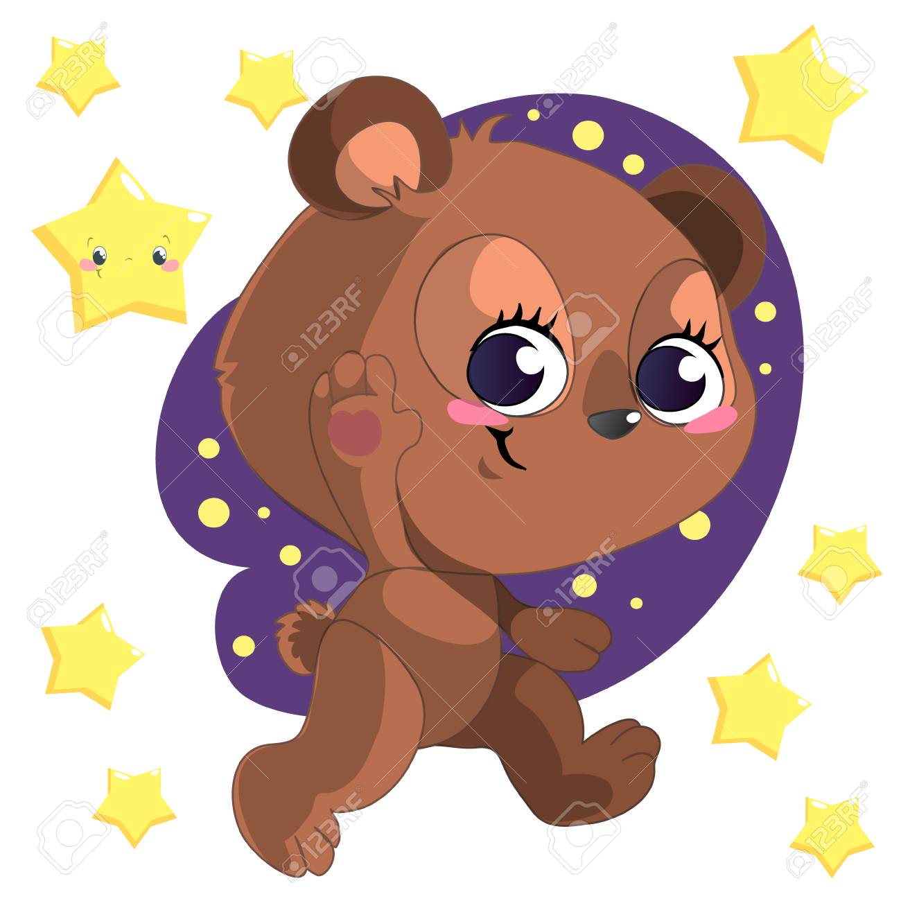 Funny cute cartoon bear clipart vector with stars.