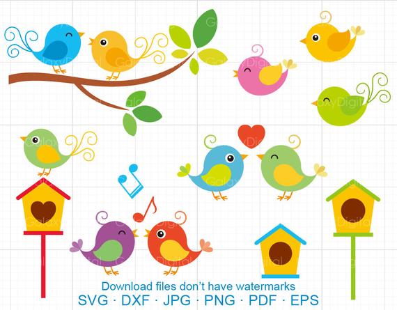 Cute Birds Clipart SVG, Singing Bird, Little Love Bird, Branch, Bird House  SVG DXF Silhouette Cricut Cut Files Commercial use.