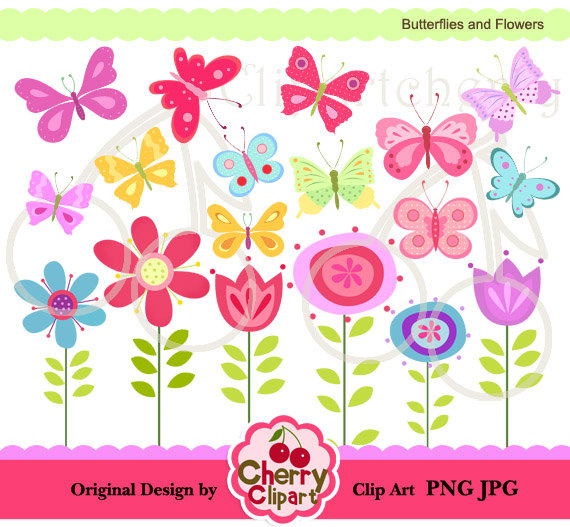 Pretty Butterflies and Flowers Digital Clipart Set for.