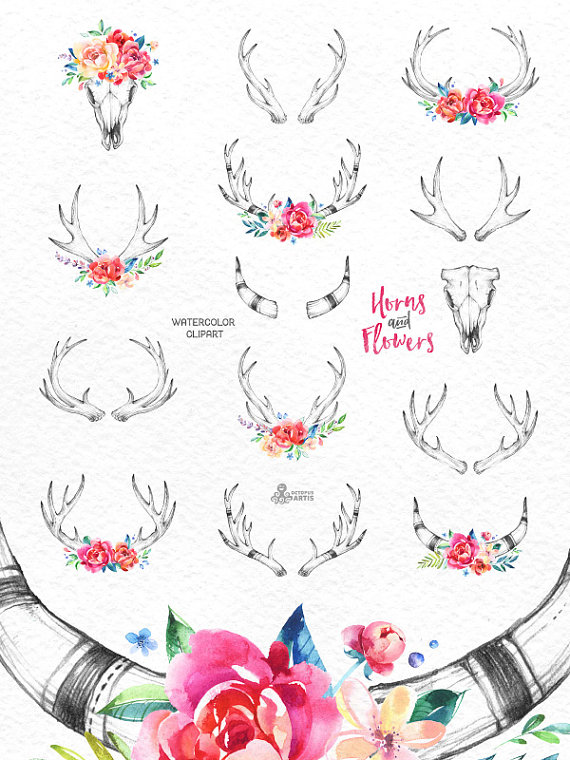 Horns & Flowers. 14 Watercolor clipart, floral, hand drawing.