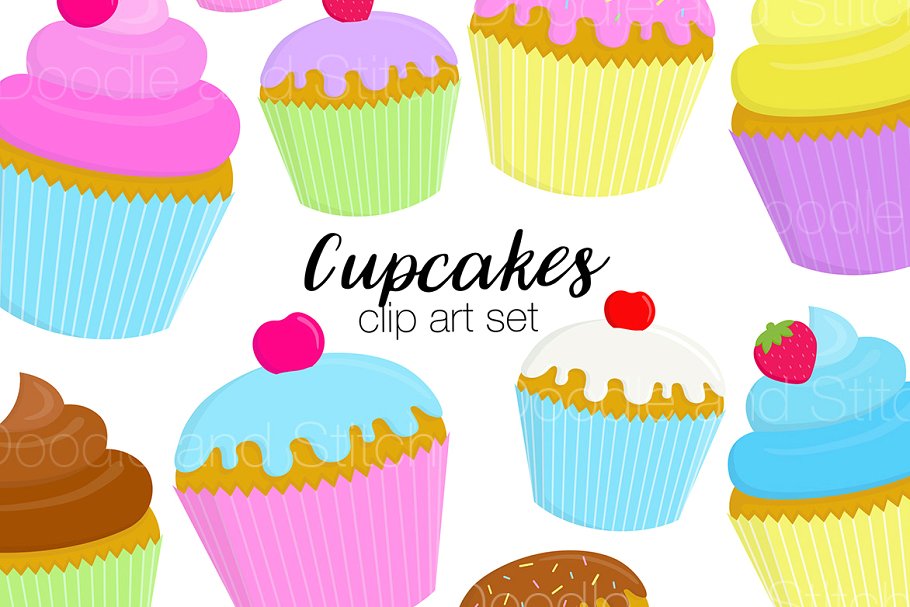 Cupcakes Clipart Illustration Set.