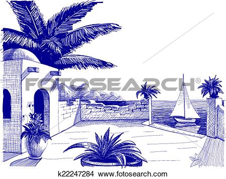 Clipart of Sea view from house terrace on the beach sketch.