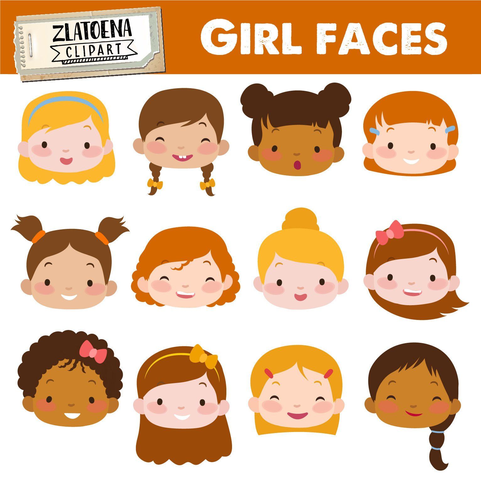 Cute Girl Faces clipart Kids Faces Digital Clipart Cute Kids.