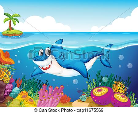 Clip Art Vector of shark fish in sea.