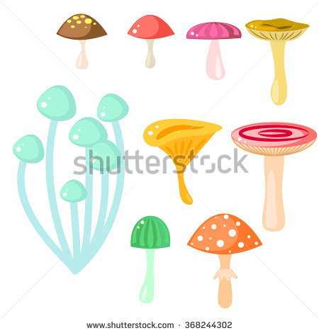 Isolated Cartoon Mushrooms Vector On White. Fungus, Amanita.