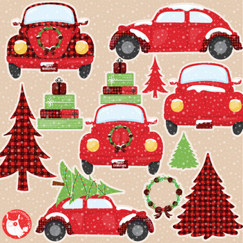 Christmas vintage car clipart commercial use, graphics, digital.