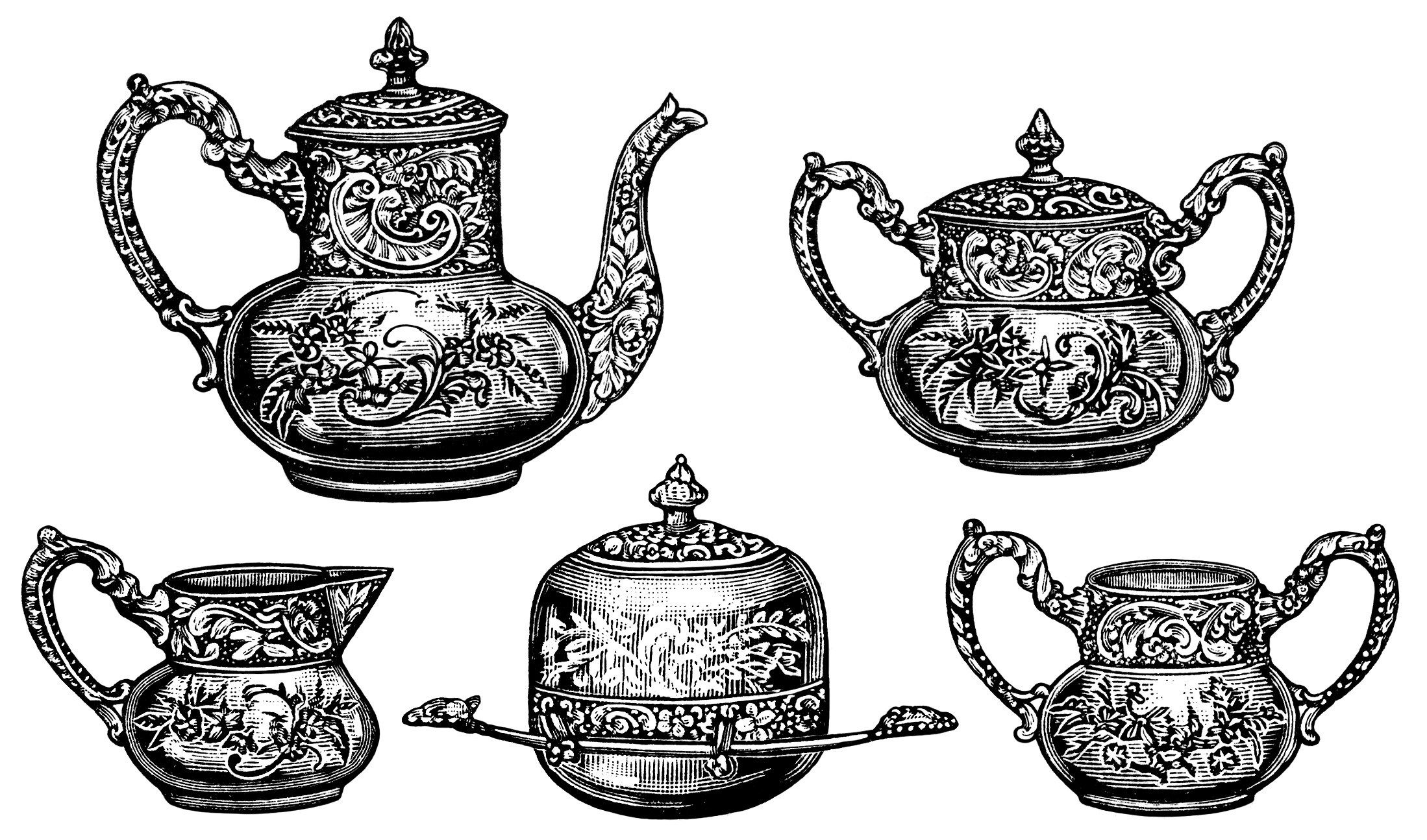 Victorian tea set, antique teapot, vintage tea clip art.