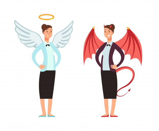 Businesswoman in angel and devil suit. good and bad woman.