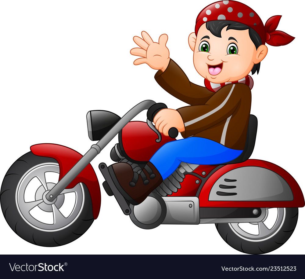 Cartoon boy funny riding a motorcycle Royalty Free Vector.