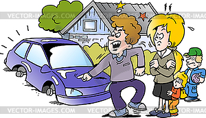 Cartoon angry family man pointing at his new auto.