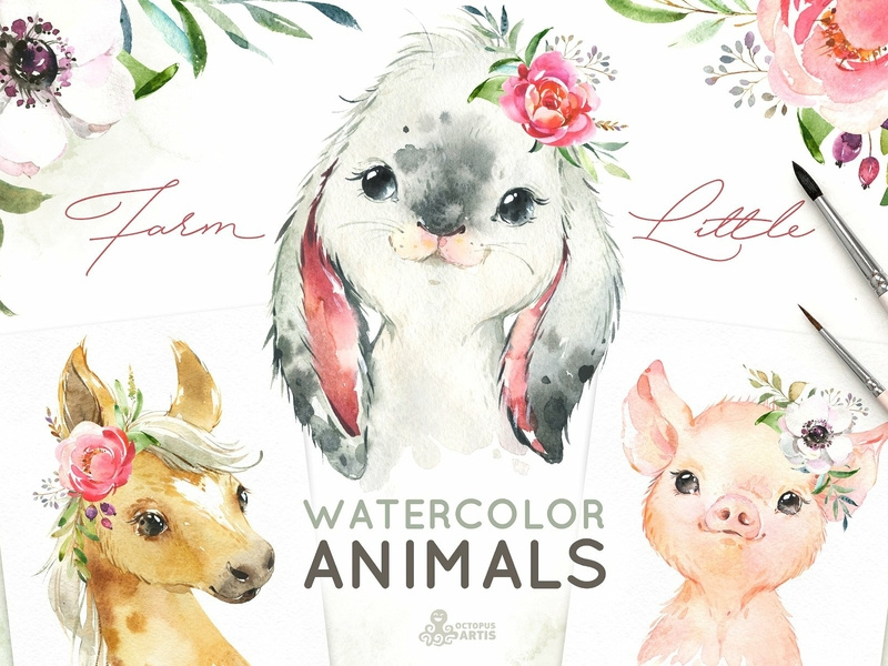 Farm Little Watercolor Animals by Graphic Assets on Dribbble.