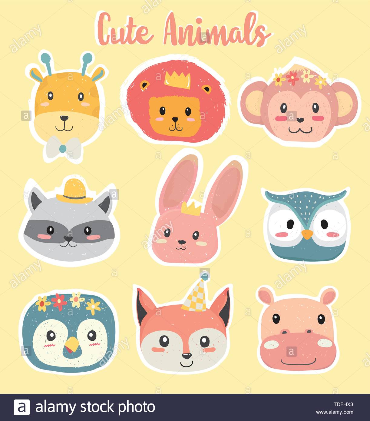 cute hand drawing animal head clipart icon in pastel color.