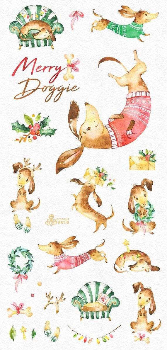 Merry Doggie. Christmas watercolor clipart , dachshund, dog.