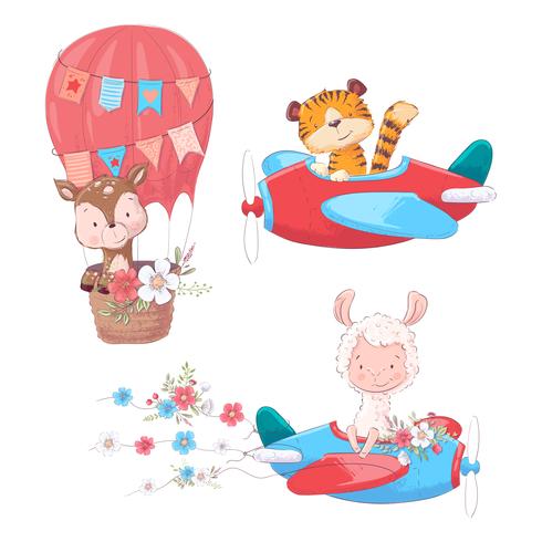 Set cartoon cute animals tiger deer and llama on an airplane.