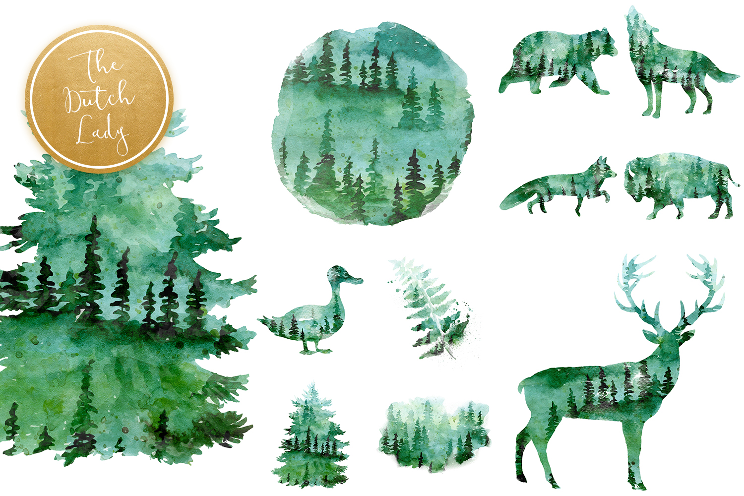 Green Winter Forest Animal Clipart.