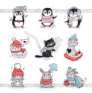 Set Animals in Warm Clothes Design Flat.