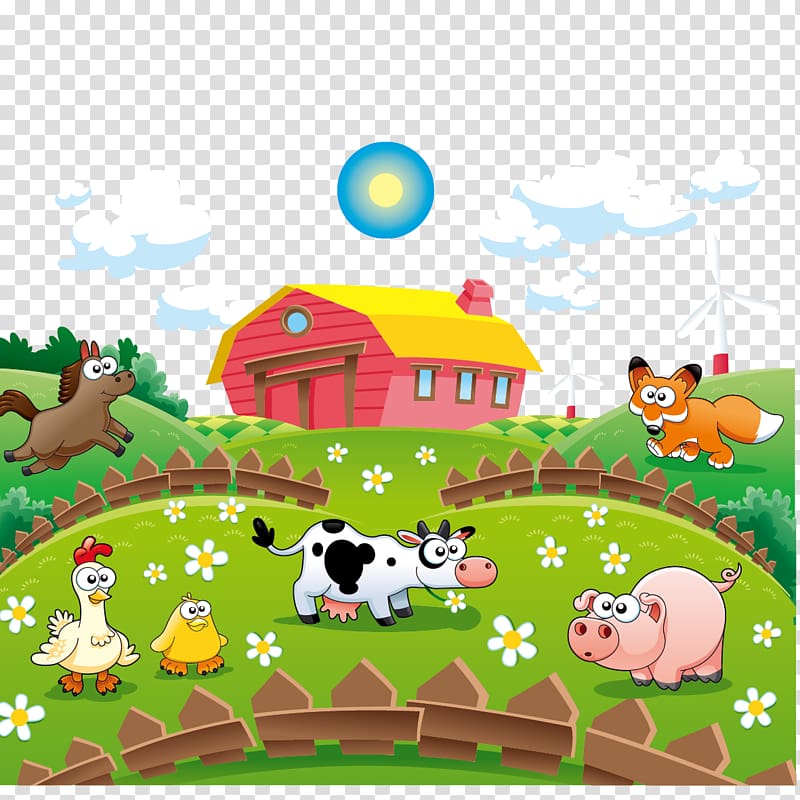 Animals near house illustration, Cattle Cartoon Farm.