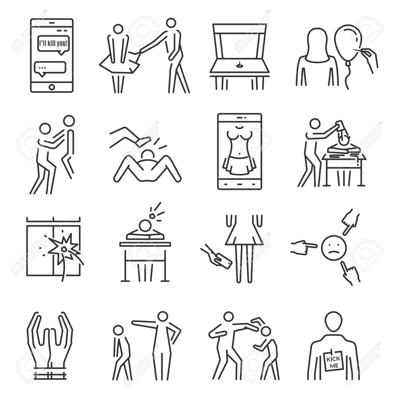 Bullying line icon set. Aggressive behavior, use of force, threat,...