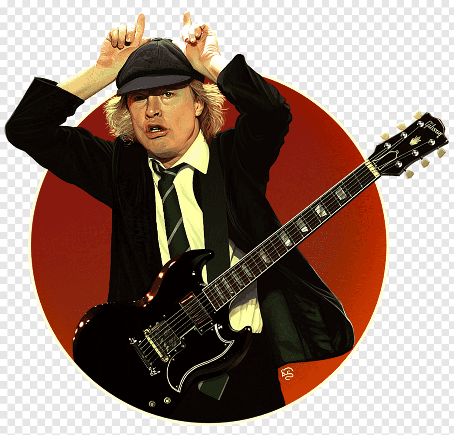 Man with suit jacket playing guitar, Angus Young AC/DC.