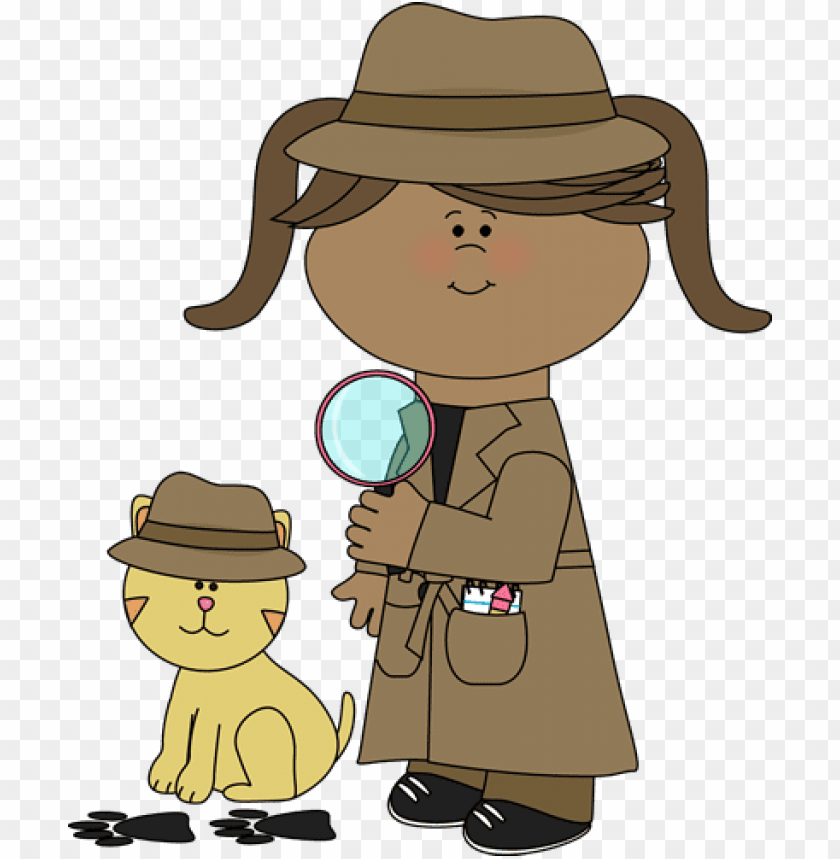 clip art free girl following clues with her pet cat.