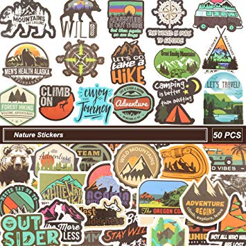 Nature Adventure Stickers for Water Bottle，50 Pcs Laptop Stickers Vinyl  Waterproof Camping Hiking Travel Decal Stickers for Phone,Computer,Hydro.