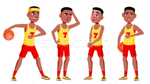 Teen Boy Poses Set Vector. Black. Afro American. Cute, Comic.