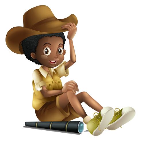 African american boy in safari outfit with telescope.