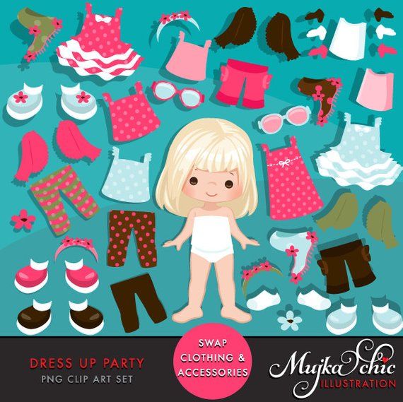 Paper doll clipart. Little Girls Dressing Party Graphics.