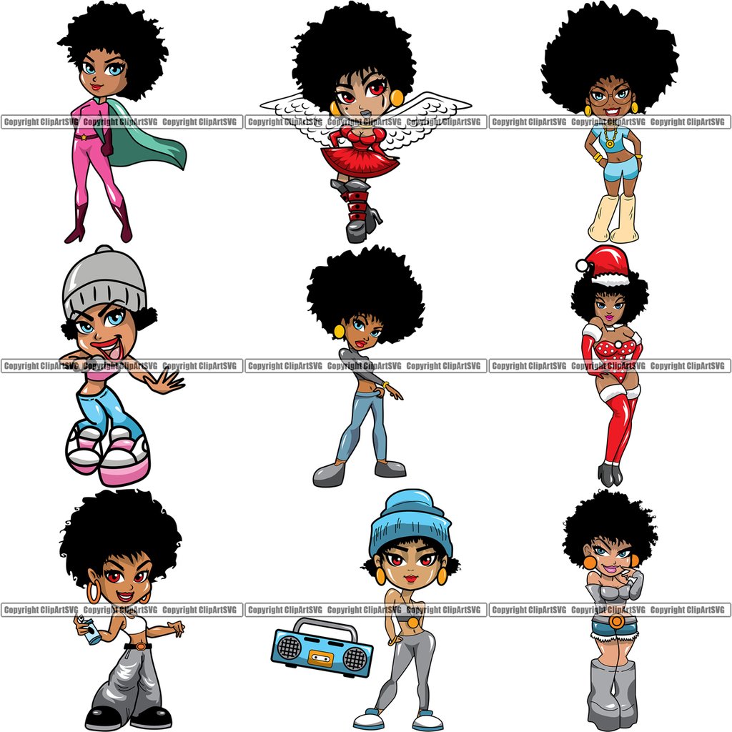 9 Black Women Big Eyes African American Afro Nubian Queen BUNDLE ClipArt SVG.