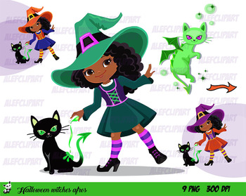 Halloween Witch Afros Clipart, Halloween Multicultural Girls Clipart..