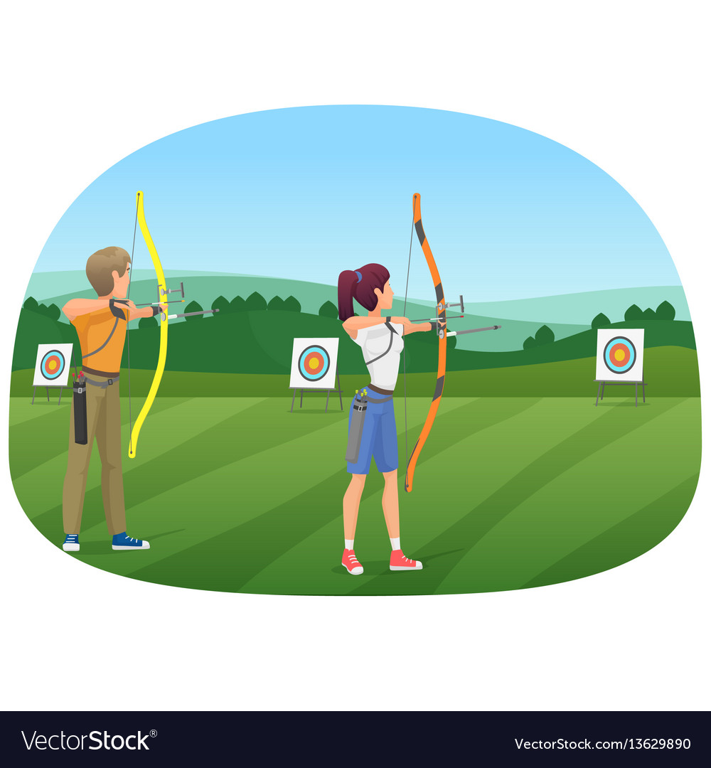 Man and woman standing with bows and aiming to the.