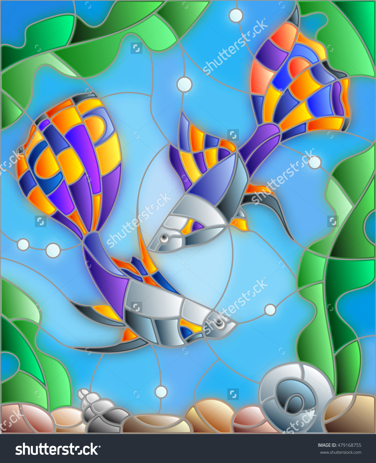 Illustration In Stained Glass Style With A Pair Of Guppies On The.