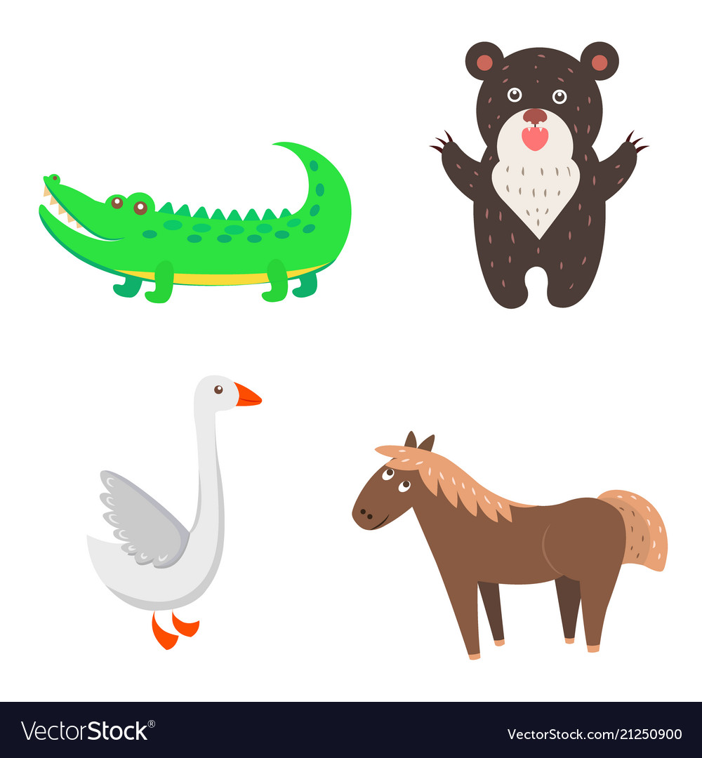 Concept of goose horse bear crocodile for kids.