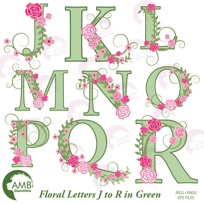 Floral Alphabet clipart, Wedding Floral Letters in Green, Letter Clipart J  to R, Floral clipart, AMB.