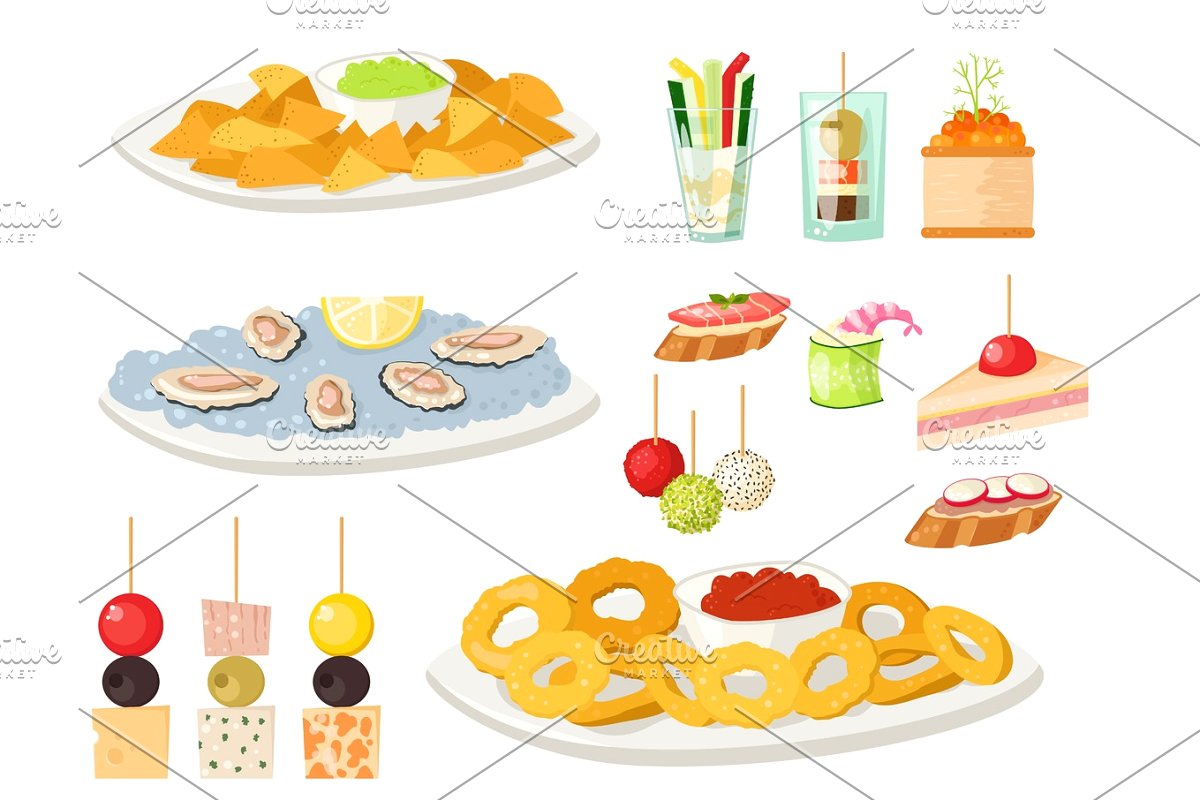 Various meat canape snacks appetizer fish and cheese banquet snacks on  platter vector illustration..