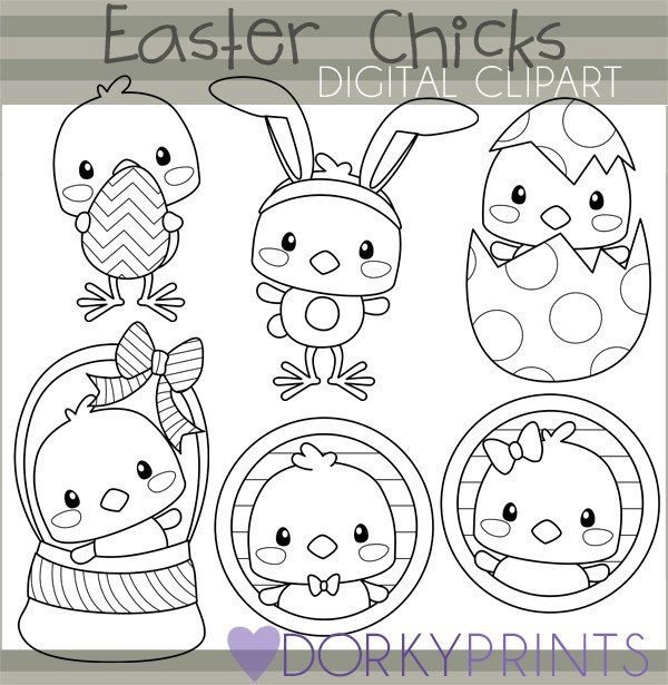 Easter Chicks Black Line Spring Clipart.