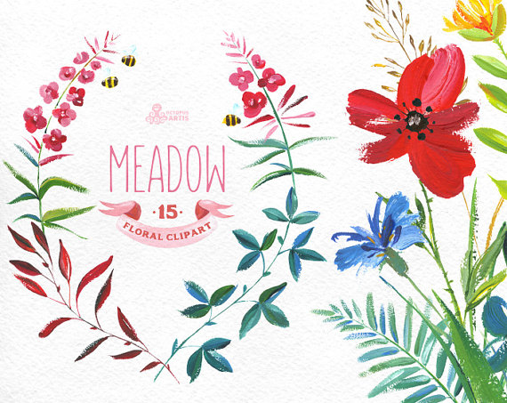 Meadow Clipart. 15 Handpainted wreaths bouquets borders.