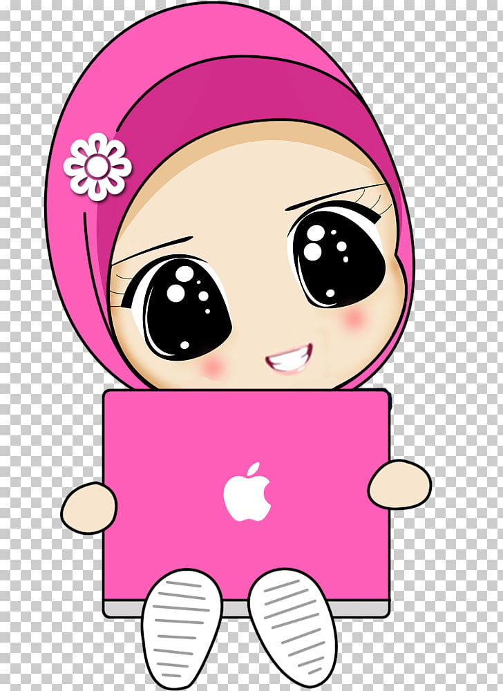 Cartoon Muslim Drawing Islam, arabic, girl with pink laptop.