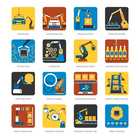 Industrial Assembly Line Flat Icons Set.