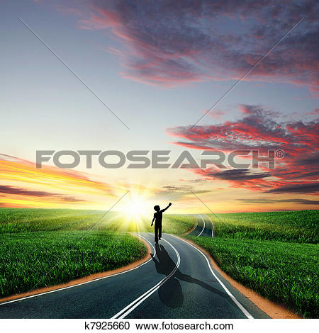 Stock Illustrations of Man walking away at dawn along road.