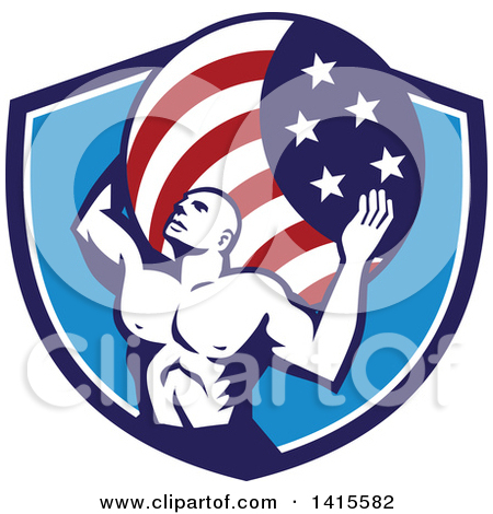 Clipart of a Retro Muscular Man, Atlas, Carrying a Globe in a Blue.