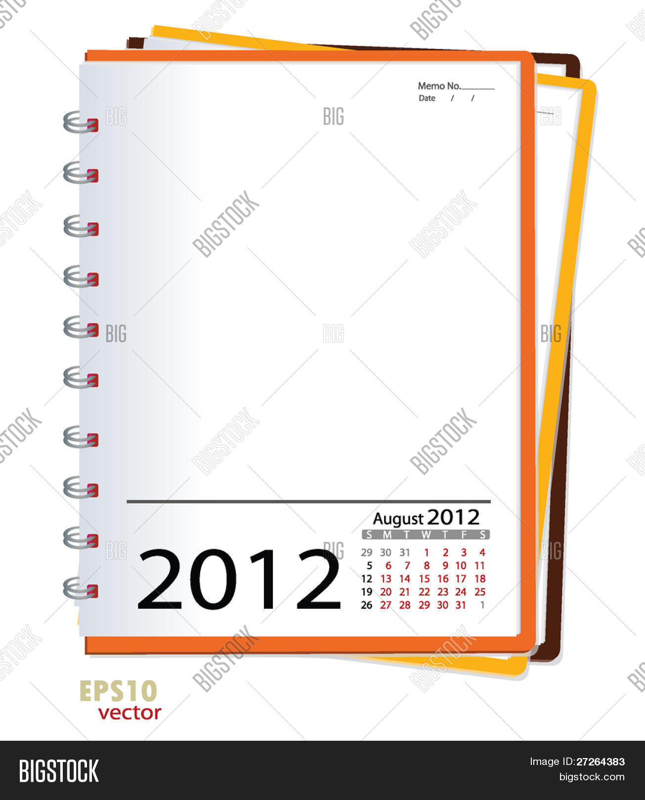 Simple 2012 calendar notebook, August. All elements are layered.