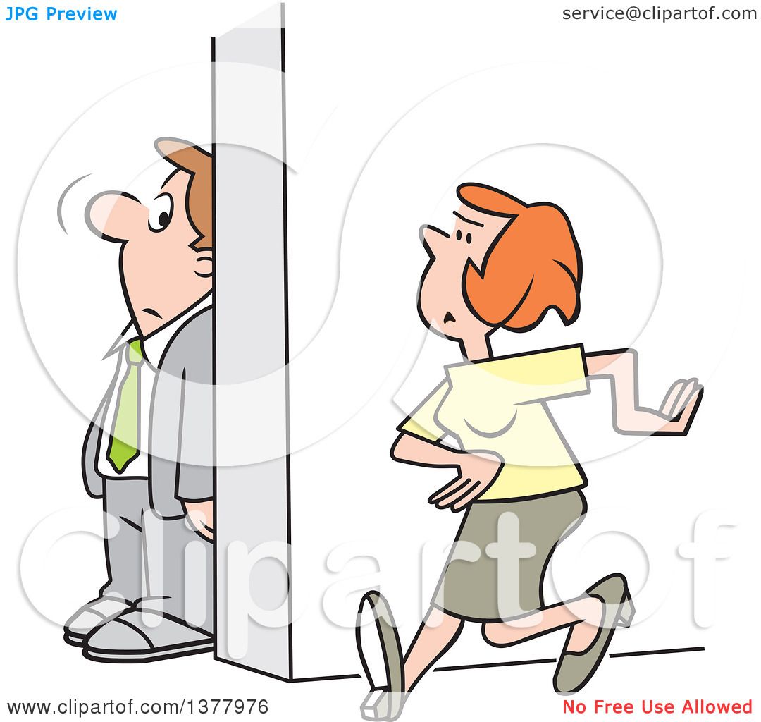 Clipart of a Cartoon White Businessman Hiding Behind a Wall to.