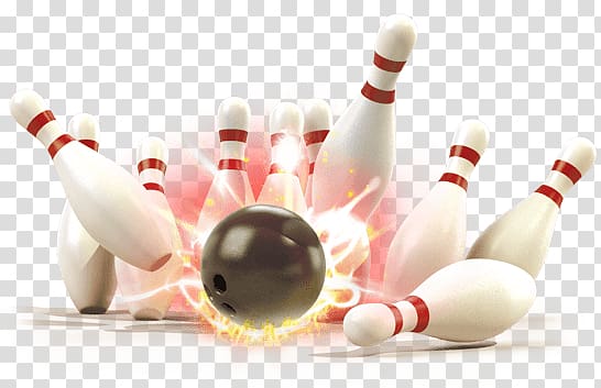 Black bowling ball crashed bowling pins, Bowling Strike transparent.