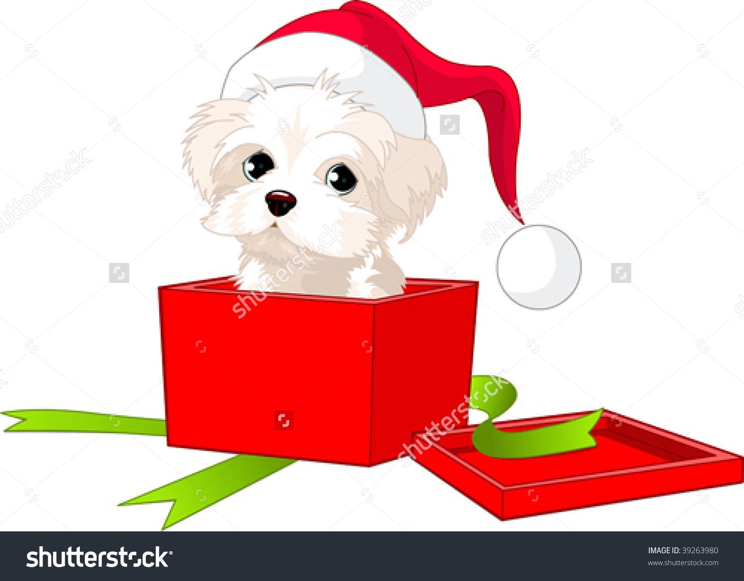 A Cute Puppy Wrapped Up In A Box Like A Christmas Gift. Stock.