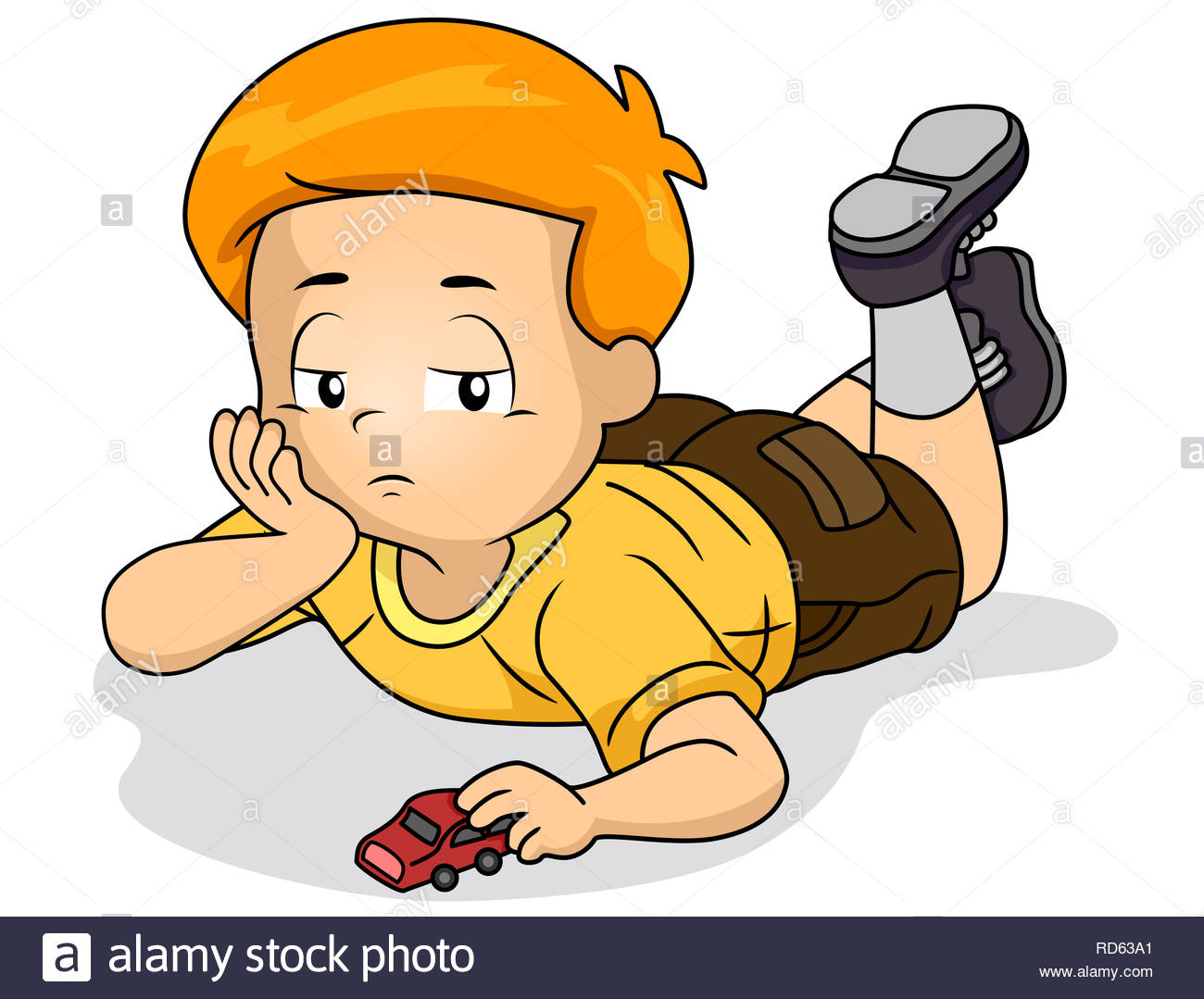 Illustration of a Bored Kid Boy Playing with Toy Car Stock Photo.